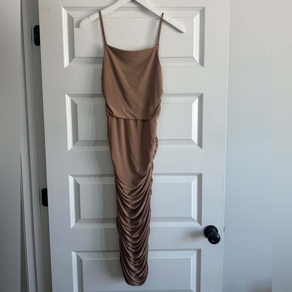 Club L London Taupe Ruched Midi Slip Dress